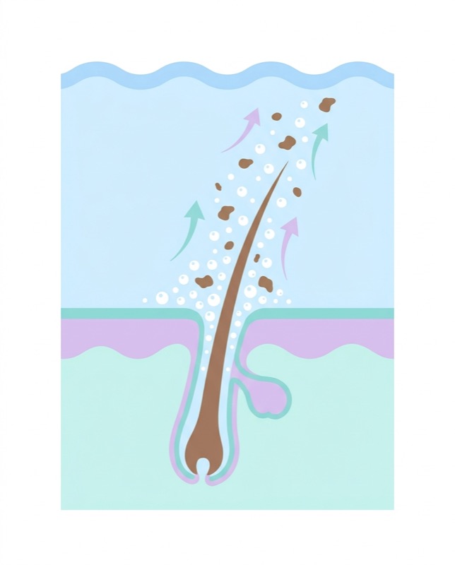 Diagram of micro-bubbles lifting dirt out of the pore