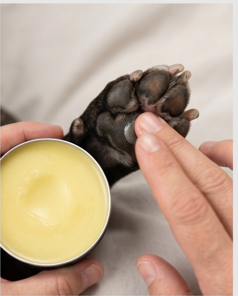 Groomer applying paw balm to a dog's paw pads